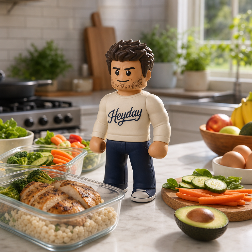 Illustration of Hayden, the Heyday mascot, in a kitchen with a prepared meal