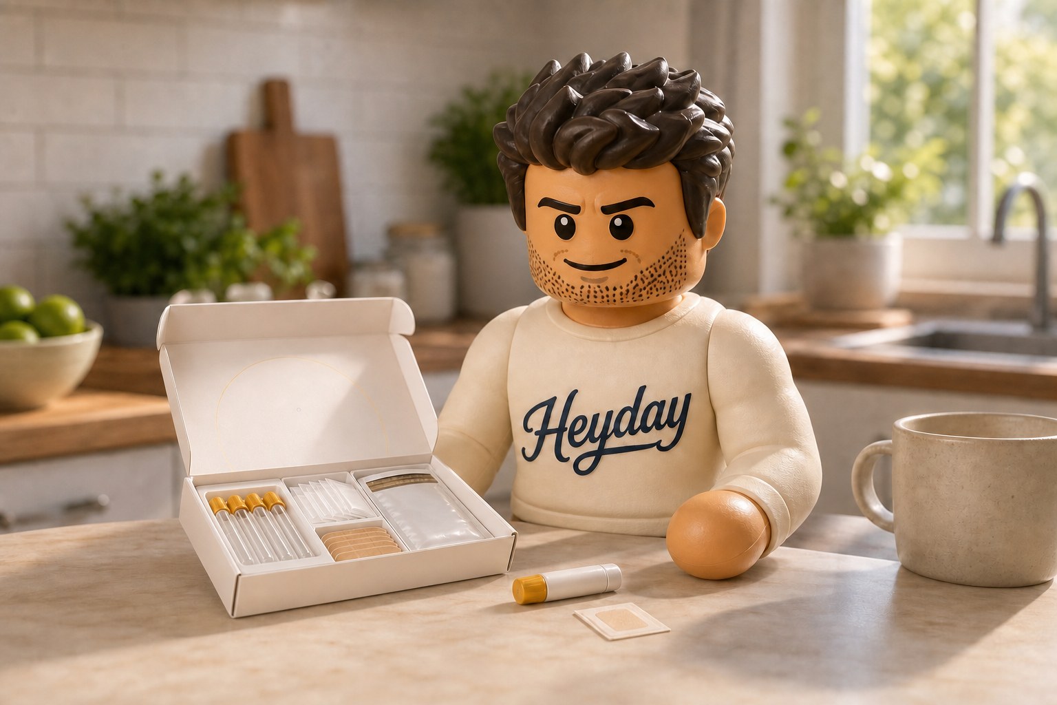 Illustration of Hayden, the Heyday mascot, at a kitchen table with an unopened at-home lab collection kit