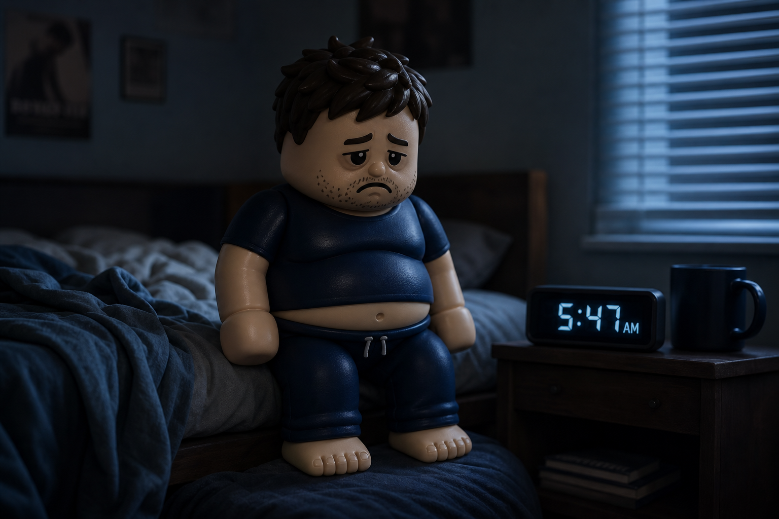 Illustration of Hayden, the Heyday mascot, sitting on the edge of his bed before sunrise